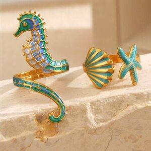 2 Pcs Summer Jewelry Set | Colorful Enamel Starfish & Seashell Rings